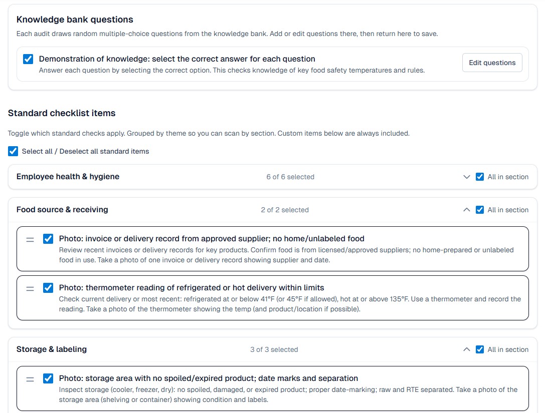 Audit setup: checklist and question bank
