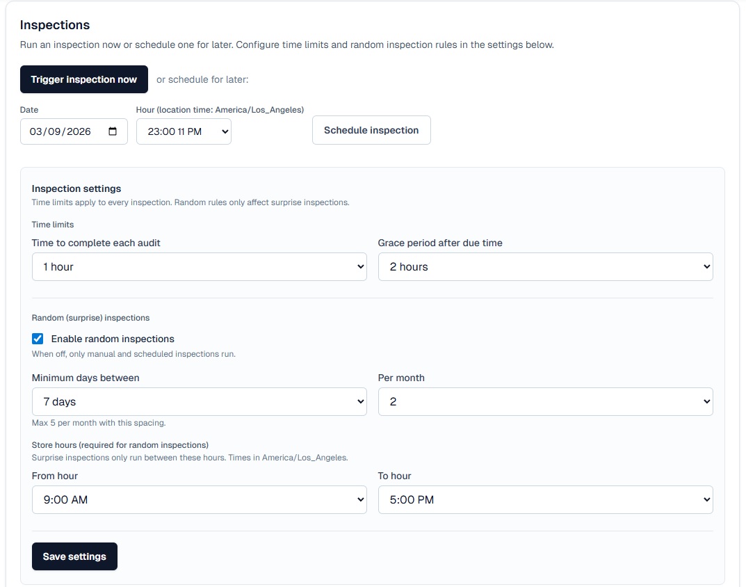 Location inspection settings: schedule and surprise audits